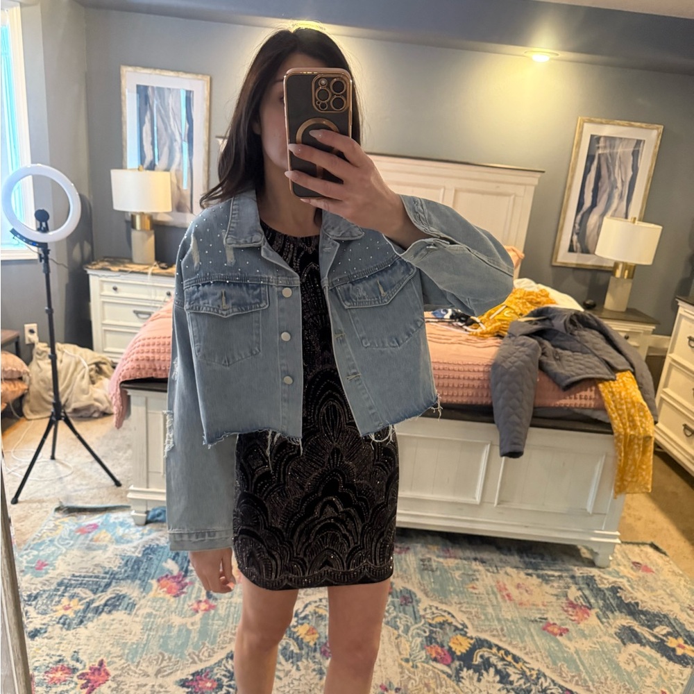 Rhinestone Distressed Cropped Denim Jacket, NWT